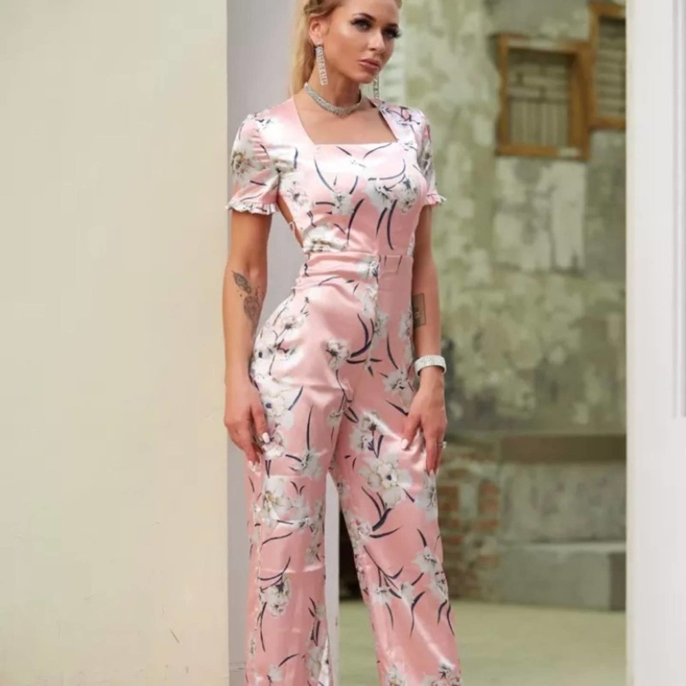 Pink Floral White Satin Jumpsuit - Picture 4 of 8